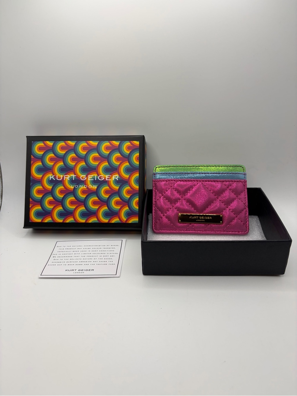 Kurt Geiger Hot Pink Quilted Card Holder with Green & Blue Trim